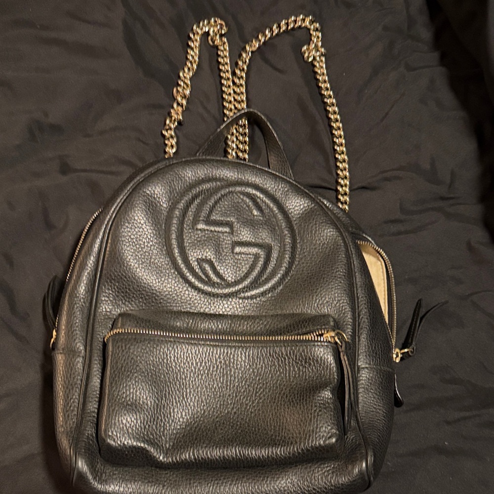 Gucci Black Pebbled Leather Backpack with Gold Chain Straps